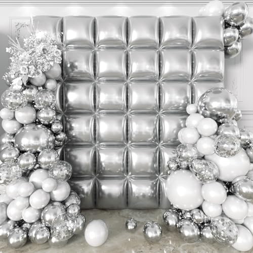 Image of 36pcs Silver Square Foil Balloons Wall Backdrop with 144pcs Balloon Garland Arch Kit, Double Sided Balloons for Bachelorette Baby Shower Birthday Anniversary Graduation Prom Party Decorations