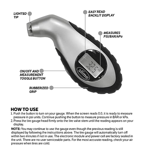 Image of Slime 20017 Tire Pressure Gauge, Digital Gauge, 5-150 PSI
