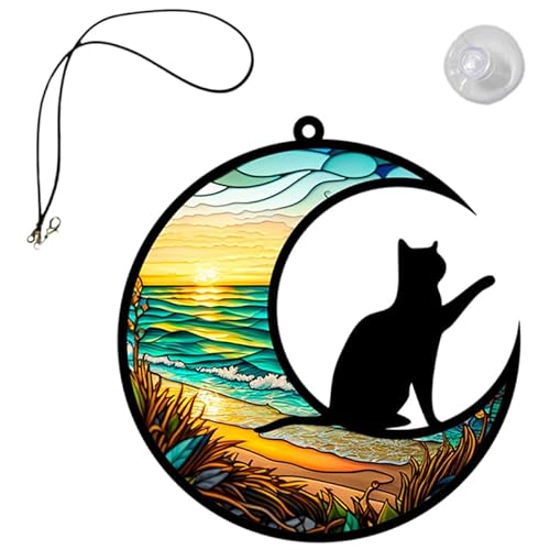 Toddmomy Moon Cat Pendant - Colorful Acrylic Glass Hanging Cat Ornament for Window and Garden Decoration Unique and Moon Stained Glass Window Hanging