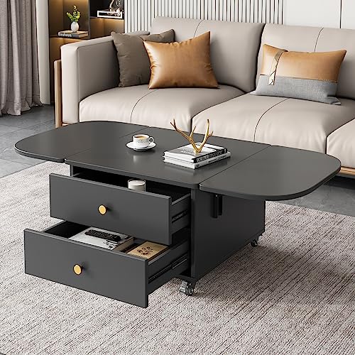 HOTICKME Folding Coffee Table for Living Room Multi-Functional End Table for Sofa, Foldable Center Table with Drawers and Wheel Casters, Bedside Table for Bedroom, Modern Side Table, Black