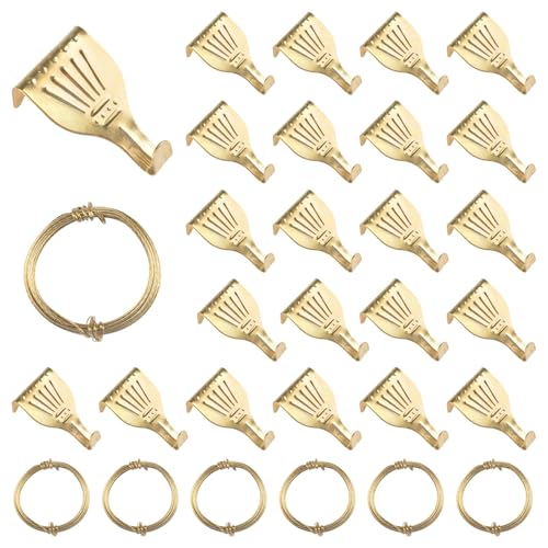 Image of Picture Hanging Kit 26Pcs Picture Rail Hooks with 6 Roll 3M Picture Wires Brass Plated Rail Hanging Hooks Picture Display Hanging System Accessories for Wall Picture, Exhibition