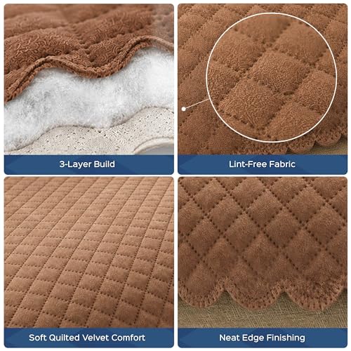 Image of HomeStrap 3 Seater Sofa Cover for Living Room | Quilted Velvet Sofa Cover with Polyester Back | Soft Lint-Free Sofa Seat Cover | Dust, Scratch Protection | Brown