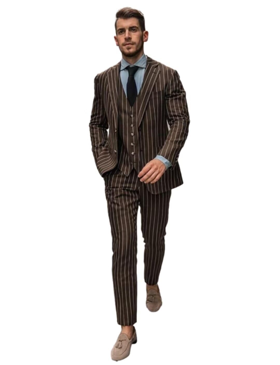 Uomo Abito a Righe 3 Pezzi Matrimonio Formale Sposo Monopetto Pulsante Smoking
