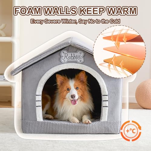 Jiupety Hundehöhle Hundehütte Indoor mit Rahmen, Gemütliche Hundehaus für Drinnen, Hundebett mit Dach für 11-27 kg, 2XL Größe 76x66x64 cm, Grey