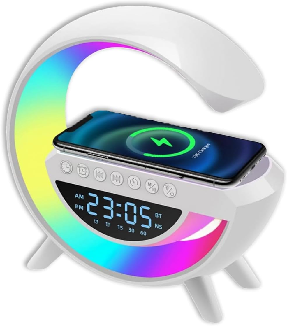 Atmosphere Lamp with 15W Wireless Charger Led Alarm Clock Dimmable Ambient Light Smart Table Lamp with Bluetooth Speaker Dazzling Running Lights 13 Modes Lights for Adults Kids Office Bedroom (White)