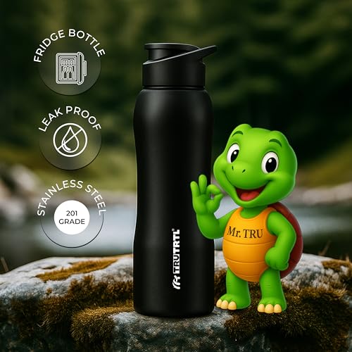 Image of Mr. TRU Sporty Stainless Steel Water Bottle 1000 ml with Sipper | ISI Certified | Single Wall | Leak Proof Lid | Rust Proof | For School, Office & Gym I Black
