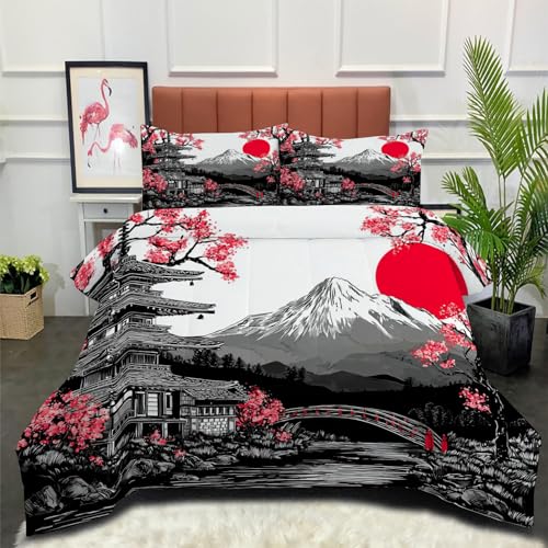 Edredón Relleno Nórdico 4 Estaciones Cama 150 220x240cm - Edredón Árboles De Cerezo En Flor Nórdico de Fibra Arquitectura Japonesa Suave Transpirable para Invierno, Primavera y Otoño, Gris Oscuro