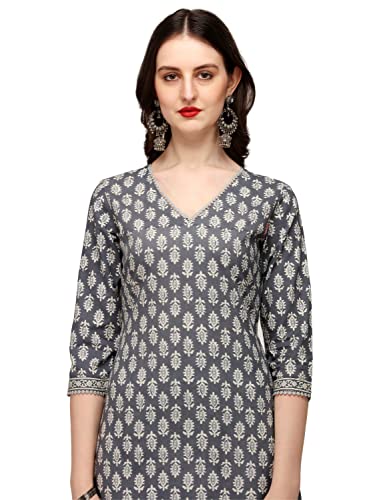 Image of FIORRA Women's Grey Cotton Straight Kurta with Pant and Dupatta SET0050
