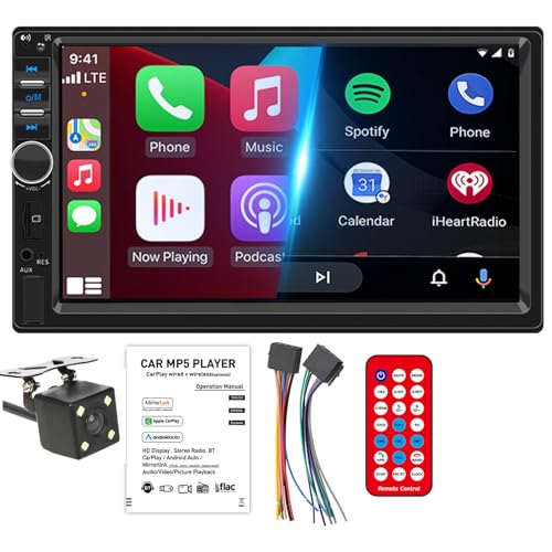 2 DIN Bluetooth AutoRadio Carplay Android Auto 7' HD Pantalla táctil Android/iOS Mirror Link, Llamadas Manos Libres Bluetooth, Radio FM Control Remoto y cámara de visión Trasera