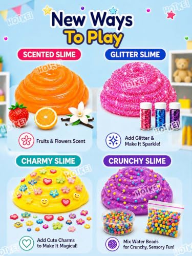 Image of HOTKEI (6 Neon Slime kit) DIY Neon Colored Fruit Scented Slimy Slime Gel Jelly Set Kit Air Dry Magical Crystal Clay Putty Toy for Girls Boys Kids with Glitter| Stars | Color Beads Set