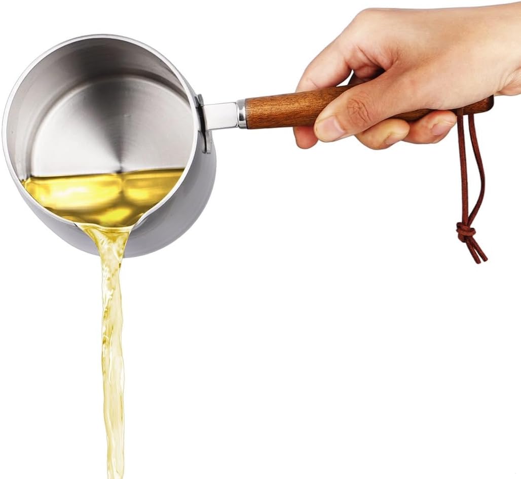 700Ml Stainless Steel Butter Melting Pot with Pour Spout, Measuring Scale, and Wooden Handle – Perfect for Coffee, Chocolate, and Milk