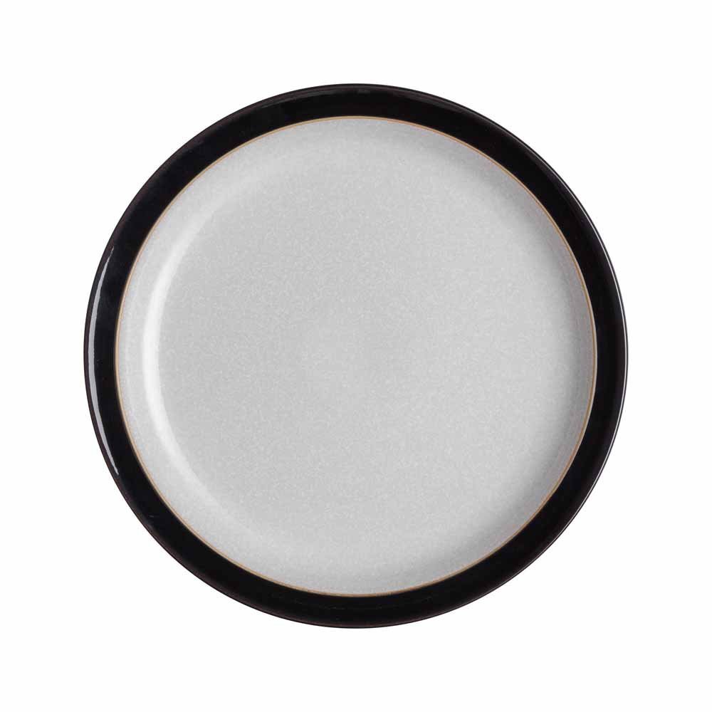 Denby - Elements - Set di 4 piatti medi neri, lavabili in lavastoviglie e adatti al microonde, 22 cm, stoviglie in ceramica nera e bianca, piatti da pranzo resistenti a scheggiature e crepe