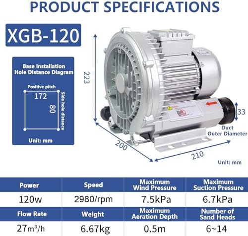 Regenerative Blower High-Pressure Vortex Ring Phase for Sewage Aeration, Regenerative Air Blower, Adjustable Power, Maximum Air Volume, Dust Filter, Aluminum Housing, Blow-Suck Dual-Purp