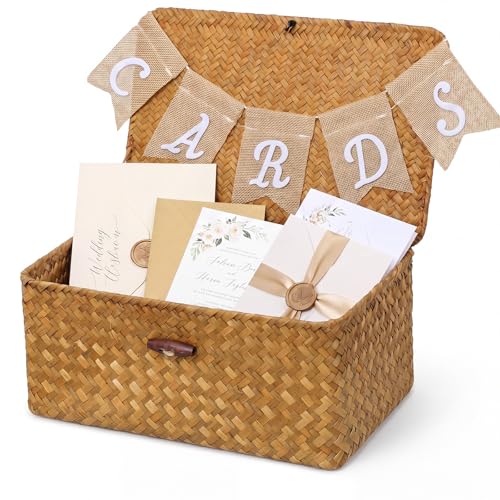 Image of Geelin Sea Grass Wedding Card Basket With Letter Flag Decorative Wedding Card Woven Post Box Suitable For Baby Showers Birthdays Graduation Ceremonies Bridal Showers(Natural Color)