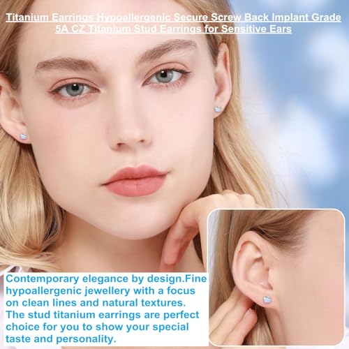 Titanium Earrings, Hypoallergenic Screw Back G23 Implant Grade 20G Titanium Simulated Diamond Earrings for Sensitive Ears 5mm 5A Cubic Zirconia Stud Earrings for Women Men4