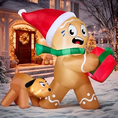 JOIEDOMI 5 FT Tall Christmas Inflatables Gingerbread Man & Dog Outdoor Decoration, Christmas Blow Ups Yard Decor Gingerbread Inflatable, Outdoor Xmas Decorations with LEDs for Garden Lawn Decor