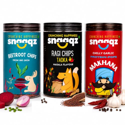Image of Snaaqz Supergrain Snacks Combo 370g | Beetroot Cream & Onion, Chilly Garlic Makhana & Ragi Masala Chips | Pack of 3 | High Protein | Baked & Crunchy | Vegetarian | Low-Calorie | Healthy Snacks for Adults & Kids