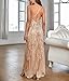 Women's V Neck Spaghetti Straps Sequin Sparkly Glitter Irregular Hem Prom Dress Bcakless Maxi Evening Gowns M Beige