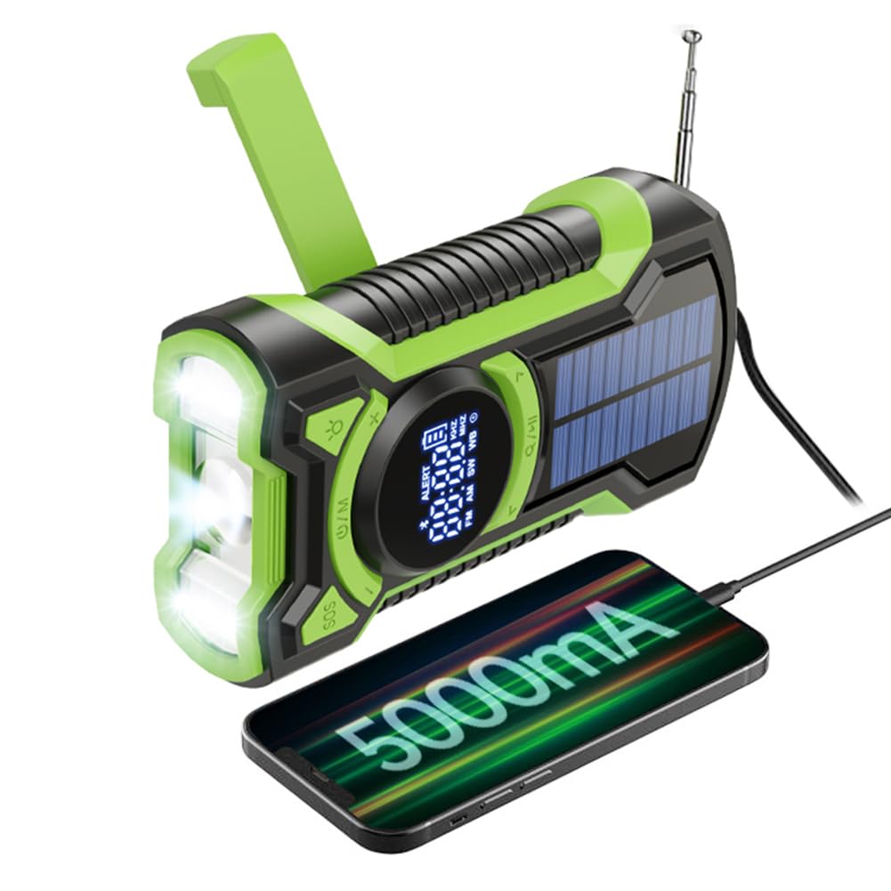 Radio de Emergencia Manivela, Radio Solar Multi-Poder a Prueba de Agua con Manivela y Cargador de Teléfono 5000mAh, BT, Linterna LED y Alarma SOS para Emergencias