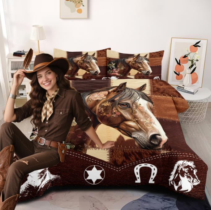 CCoutueChen Brown Horse Comforter Set King Size,Western Cowboy Cowhide Bedding Set for Adult, 3Pcs Soft Country Wild Animal Microfiber Lightweight