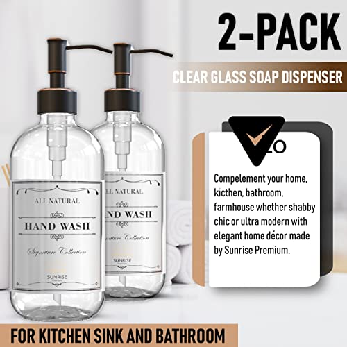 Image of Sunrise Premium 2 Pack Clear Glass Soap Dispenser 16 OZ with Oil Rubbed Bronze Stainless Steel Pump, Hand and Dish Soap Dispenser Set for Bathroom and Kitchen Sink with 6 Waterproof Labels