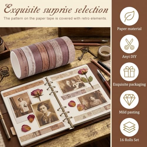 Image of HASTHIP 16 Rolls Vintage Washi Tape Set with Antique Handwritten Patterns for Scrapbooking, Journals, Planners, DIY Crafts, Bullet Notebooks and Gift Wrapping