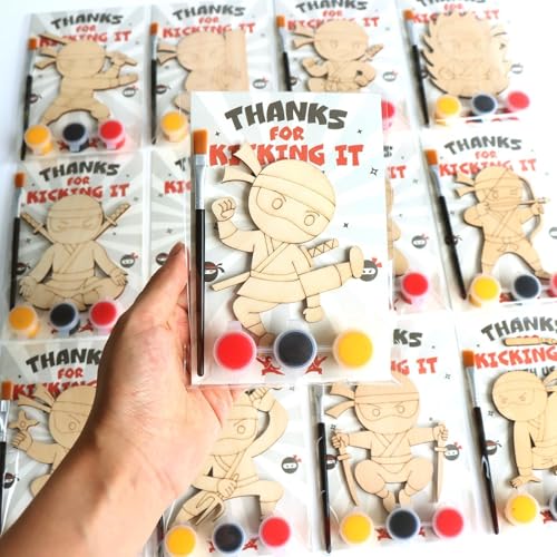 12 Pack Ninja Party Favors for Kids - Individually Wrapped Paint Your Own Wooden Craft Kits Boy Birthday Decorations & Kidz Party Supplies 4-8 8-12 Goodie Bag Stuffers