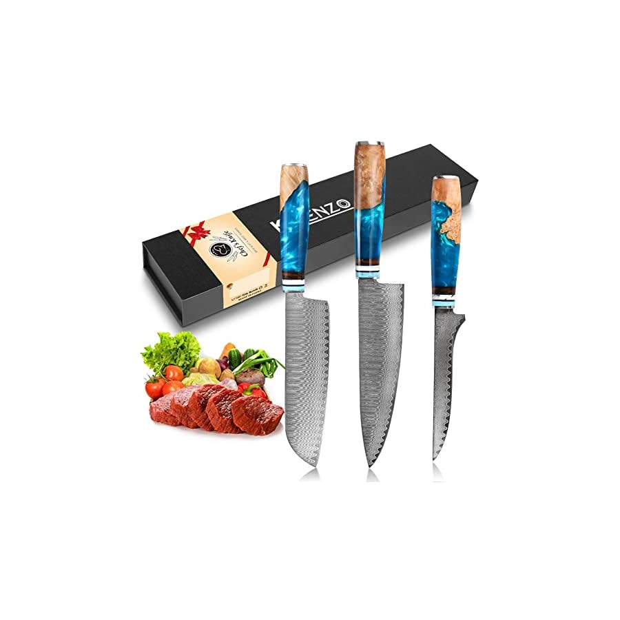 KEENZO Damascus Chef Knife set 3 pcs, Professional Kitchen knife set, Sharp 8" Chef Knife & 7" Santoku Knife & 6" Boning knife. Hand-forged Damascus cooking knife set. Ergonomic handle with Gift box
