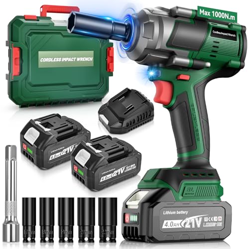 Yofuly 1000Nm Atornillador de Impacto Compatible con Mak-kita 18V Baterías, 2x 4,0 Ah Baterías, Pistola de Impacto 1/2' Llave de Impacto de Alto par con 6 Llaves de Vaso Para Coche Cortacésped