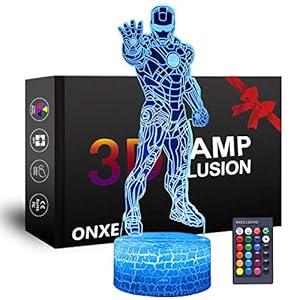 Onxe Led 3D Supereroe Luce Notturna Illusione Ottica Lampada Dimmerabile Usb Touch Control Alimentato Con Base Crepa + Telecomando (Iron Man) 16 Colori