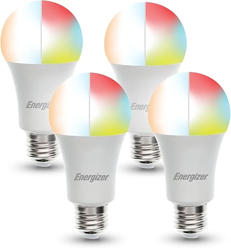 Energizer Connect Smart A19 - Bombilla LED RGB multicolor y multicolor con control de voz y acceso remoto a través de tu teléfono inteligente,