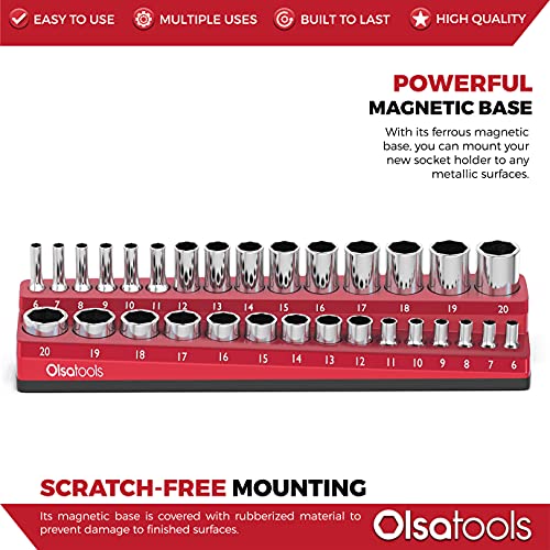 Image of Olsa Tools Magnetic Socket Organizer - 3 /8-Inch Drive Metric Socket Holder with Strong Magnets - Professional Tool Holder and Organizer - Stores up to 30 Sockets - Red - Part: 1300
