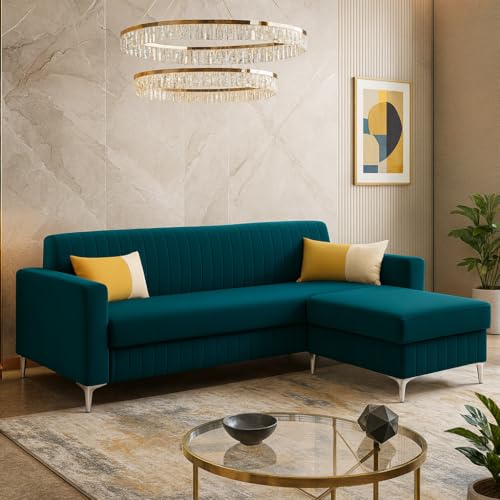 Anton 3 Seater Modular L Shape Sofa Set with Ottoman | Soft Velve...