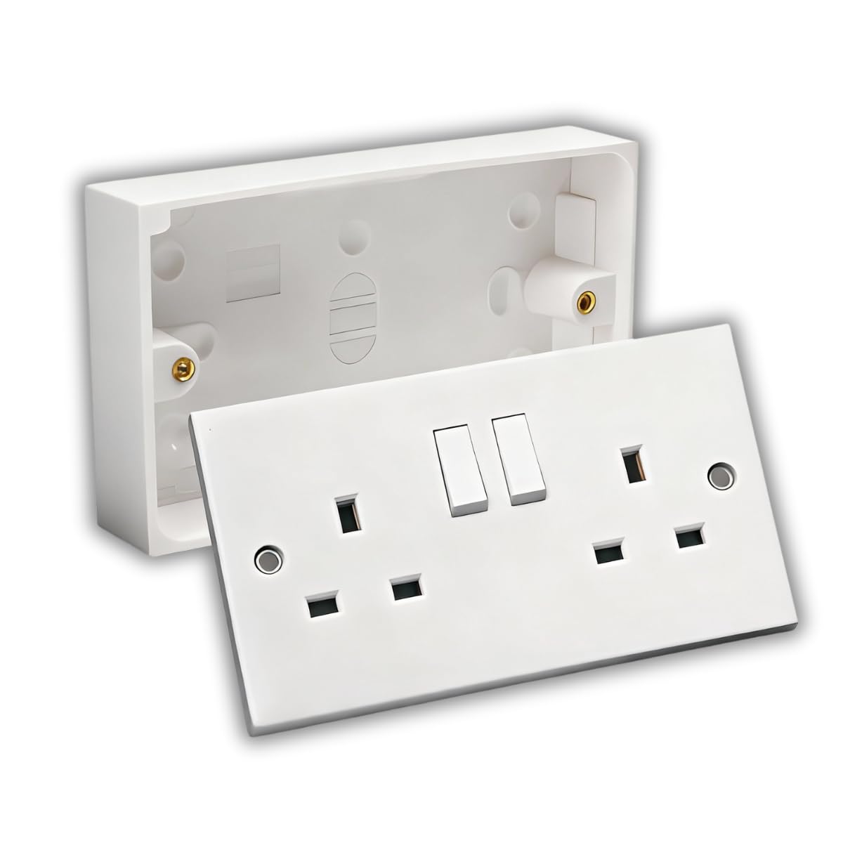 SHP 13A Double White Switched Socket & Double Surface Mount 25mm Pattress Box 2 Gang Set Electrical Outlets (1)