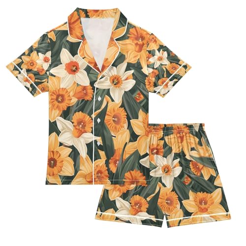senya Flower Orange Satin Summer Pajama Sets Silk Short Sleeve Button Down Sleepwear