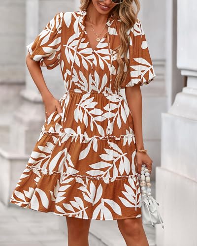 Image of BTFBM Women Summer Floral Short Dresses V Neck Short Sleeve Tiered Ruffle Boho Swing Dress A-Line Mini Dresses