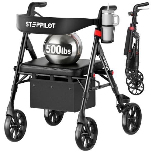 StepPilot Bariatric Rollator Walker with Seat for Seniors 500lb Capacity Aluminum Frame Zero Wobble 16lb Lightweight 8 All Terrain Wheels 10-Level Adjustable Handle/Seat Cup Holder Cane Clip