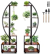 Seeutek 2 pcs 6 Tier Metal Plant Stand Indoor with Wheels, Half Moon Shaped Plant Shelf with 2 Ha...