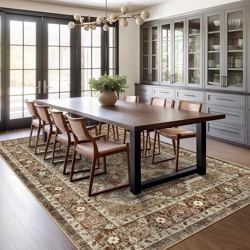 Rugland 5x7 Area Rugs - Stain Resistant Washable Rug, Anti Slip Backing Rugs for Living Room, Vintage Tribal Area Rugs (TPR07-Rust, 5'x7')