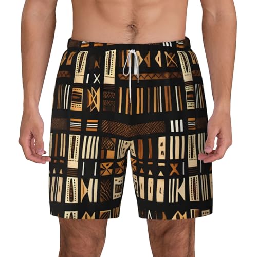 African Mud Cloth Tribal Print Mens Swim Trunks with Compression Liner Casual Shorts Summer Beach Quick Dry Shorts
