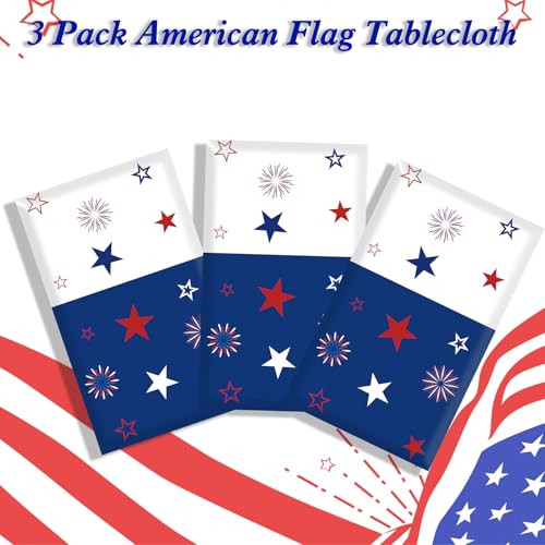 Image of Patriotic Tablecloth Decorations for 4th of July Independence Day, American Flag Plastic Disposable Rectangle Memorial Day Table Cover for Patriotic Themed Party Supplies, 54 x 108 Inch,3 Pack