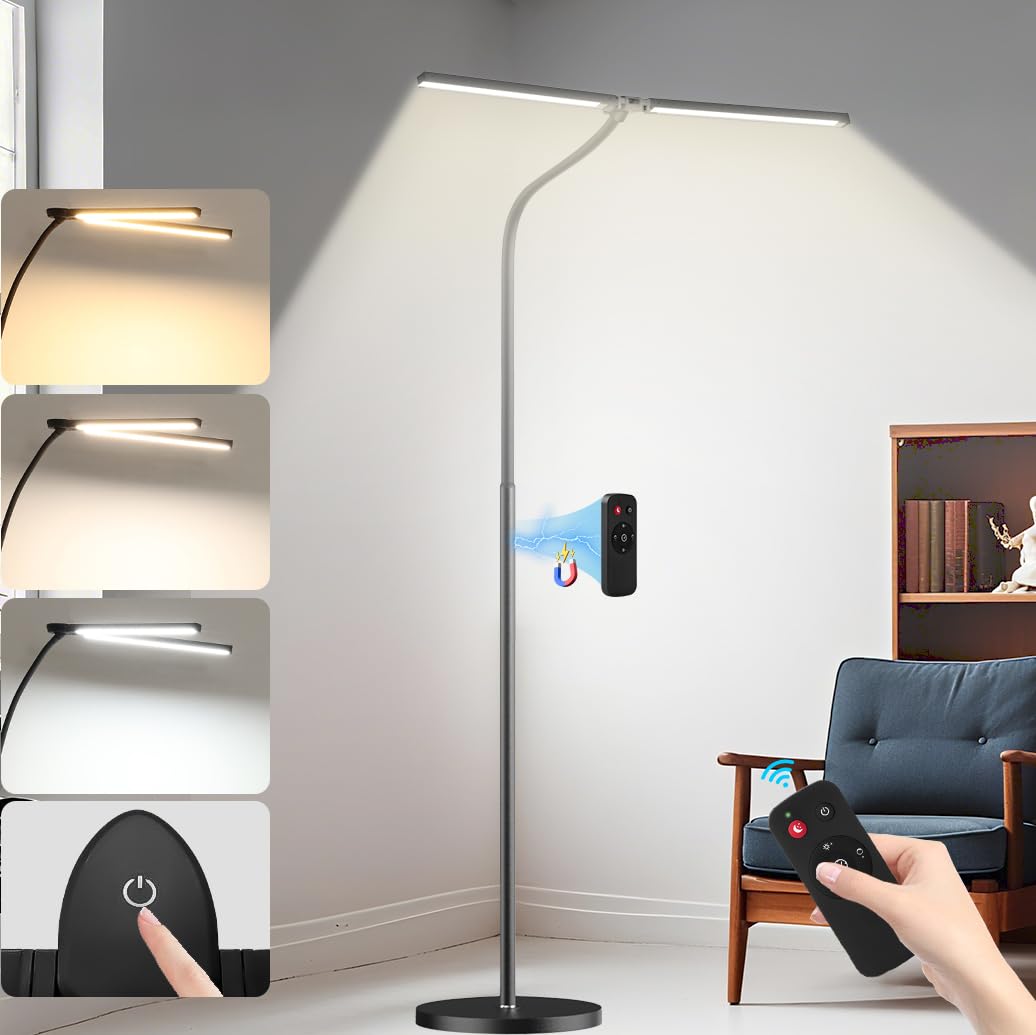 Led Floor Lamp for Office, 24W 2400LM Tall Reading Lamp, Dual Head Standing Task Lamp with Remote, Large Goose Neck Lash Light, Craft Work Lights, Puzzle Lights for Tattoo, Piano, Sewing