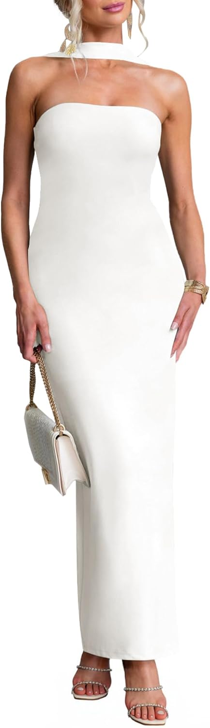 MISSJOY Women's Long Bodycon Maxi Dress Elegant Halter Neck Formal Wedding Guest Cocktail Party Dresses