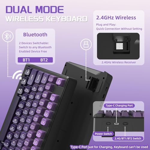 Image of Free wolf M96 Wireless Gaming Keyboard Creamy Membrane 94Key ANSI-Purple | Rainbow Backlight,Media Knob,LCD Screen,Dual Mode-Bluetooth /2.4Ghz,Ball Shape PBT Keycap,3000mAh battery for Win Mac PC Gamer