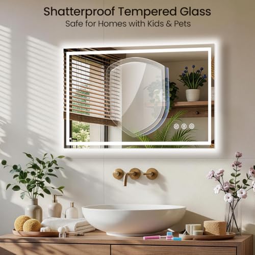 Image of 40x32 LED Bathroom Mirror with Anti-Fog, Backlit & Front Lit, Memory | Stepless Dimmable 3 Color CRI 95+ Shatterproof Tempered Glass ETL Listed for Safety Lighted Bathroom Vanity Mirror for Wall