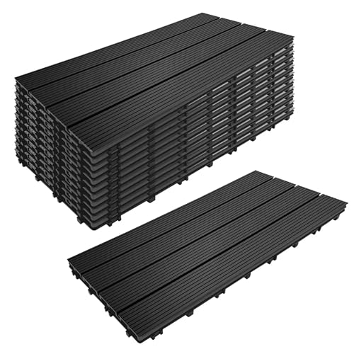 Relaxdays WPC Fliesen 12 Stück 60x30, Balkonfliesen wetterfest, Terrassenplatten Klicksystem 2,2m², Holzoptik, anthrazit