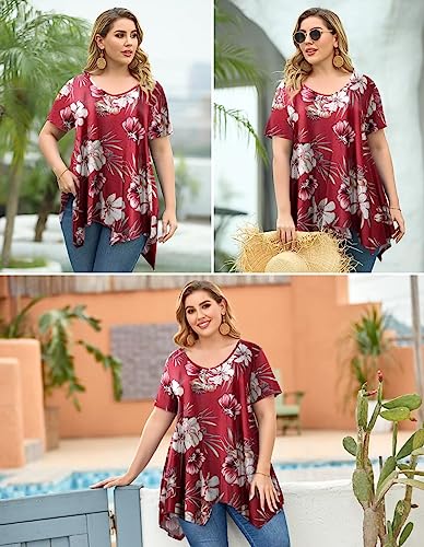 Larace Floral Tops For Women Blouses Plus Size V Neck Shirts Short Sleeve Irregular Summer Clothes Loose Flower Tees(A-Wine Red18 2X) #TOP5