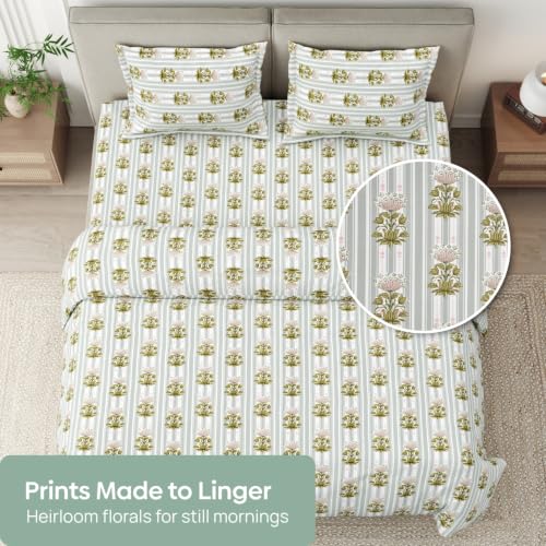 Image of Haus & Kinder Double Bed Bedsheet for Queen Size Bed, Queen Size Bed Sheet with 2 Pillow Covers 90 Inch x 100 Inch | Premium Soft & Silky Pure Cotton 186 TC Double Bedsheet | Heritage Garden