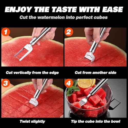 Image of 2-in-1 Watermelon Cutter & Fork Slicer, Stainless Steel Fruit Cutter Tool, Portable Watermelon Slicer Fork for Home, Kitchen, Camping & Party Use