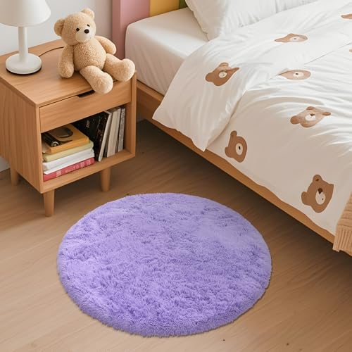 OLANLY Light Purple Round Rugs for Bedroom - Machine Washable, 2 ft Circle Area Rugs for Living Room, Soft and Fluffy Shaggy Carpet for Teen Girls and Boys, Nursery Rooms, Dorms, Home Decor Aesthetic
